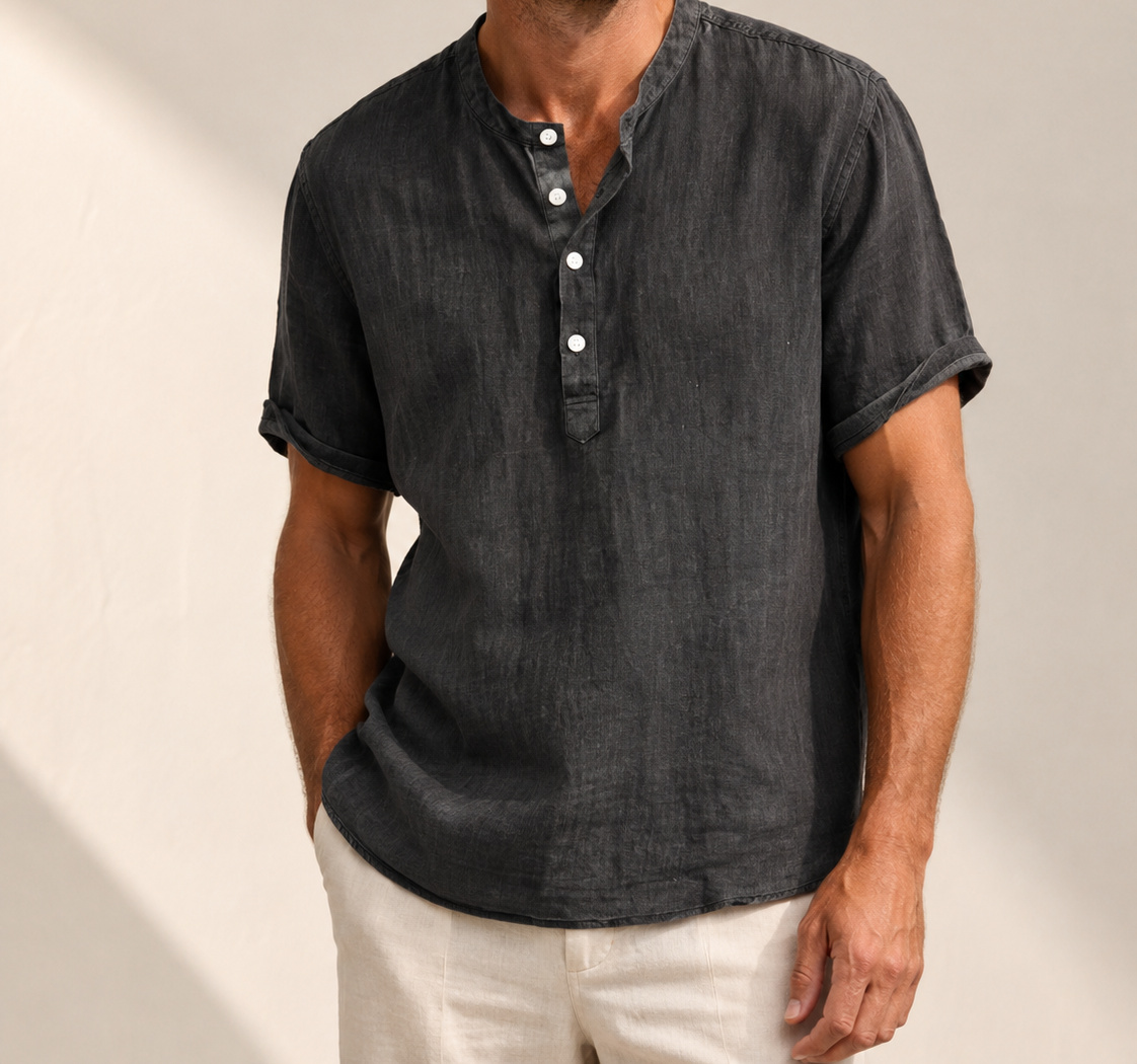Black Hayes short-sleeve Henley on a male model