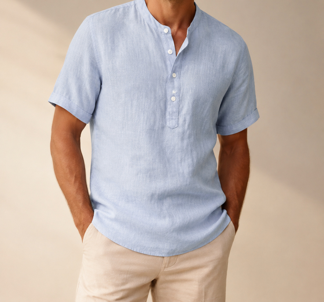 Light Blue Hayes short-sleeve Henley on a male model