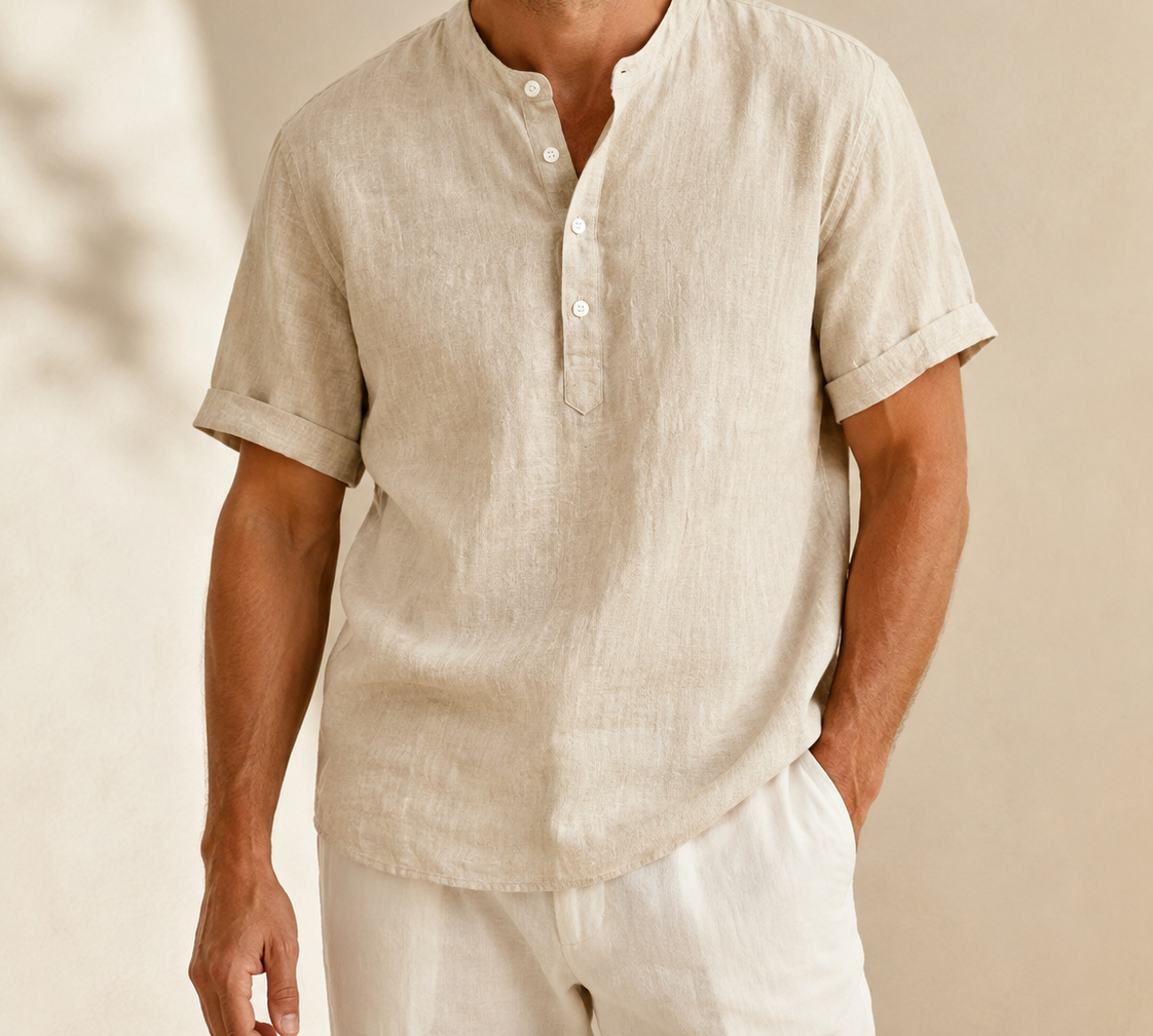 Natural Hayes short-sleeve Henley on a male model