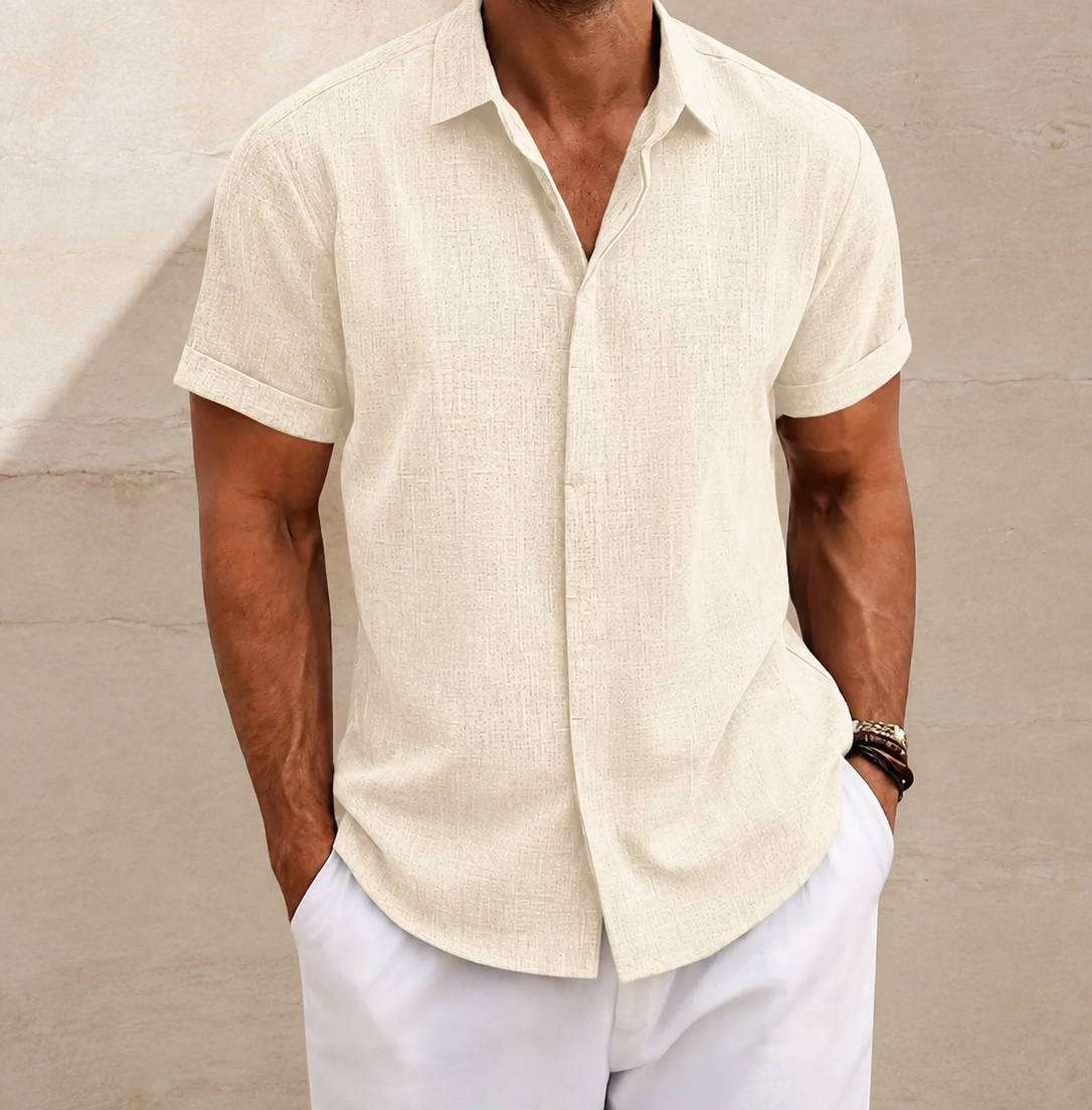 Cream Calder textured short-sleeve shirt on a male model