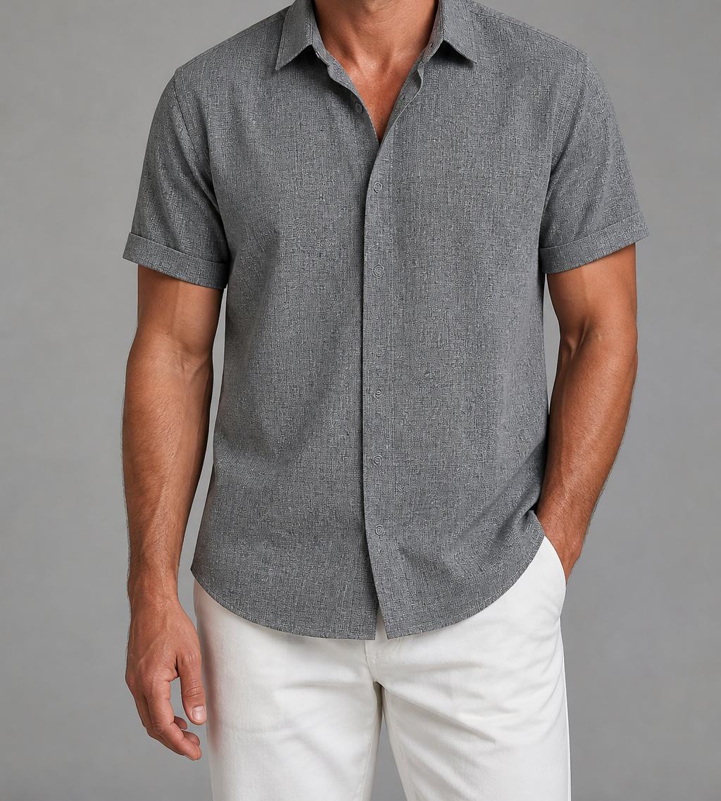 Charcoal Gray Calder textured short-sleeve shirt on a male model