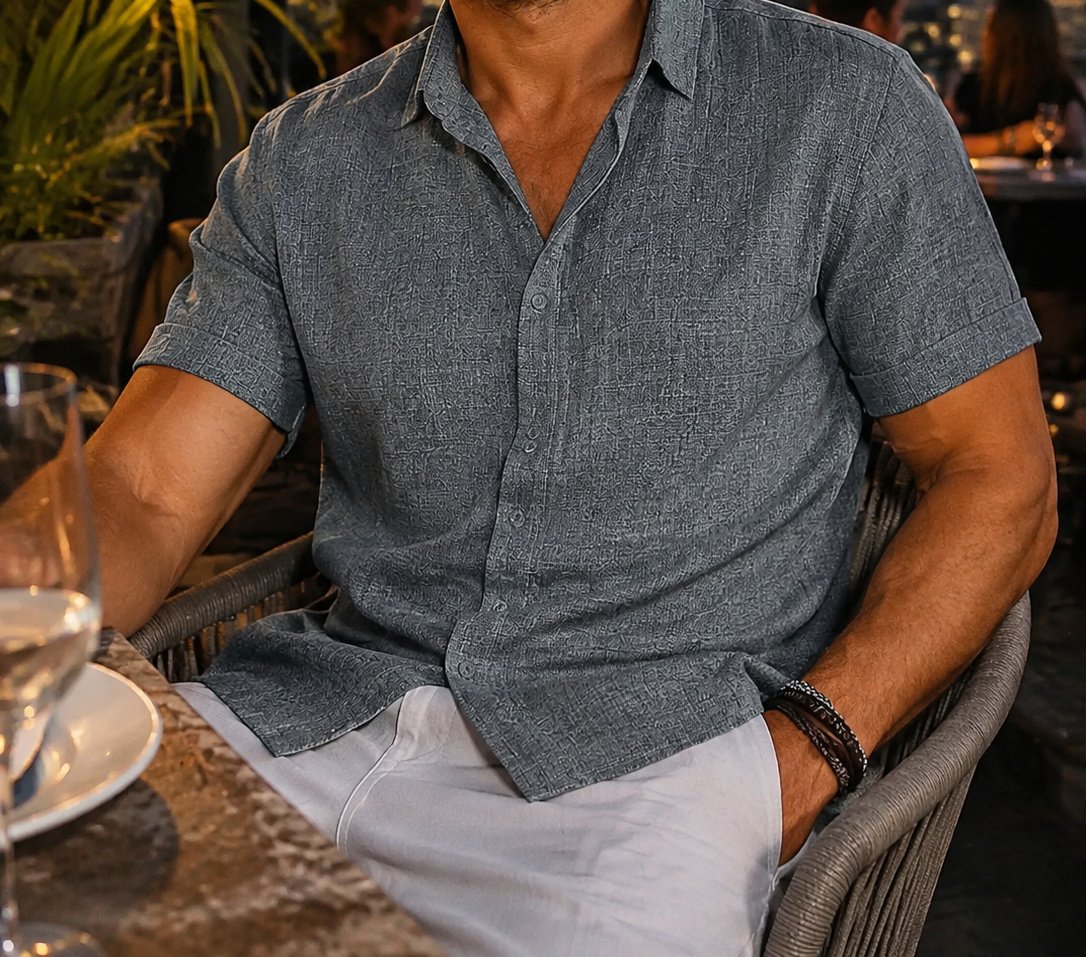 Charcoal Calder shirt at an evening rooftop gathering