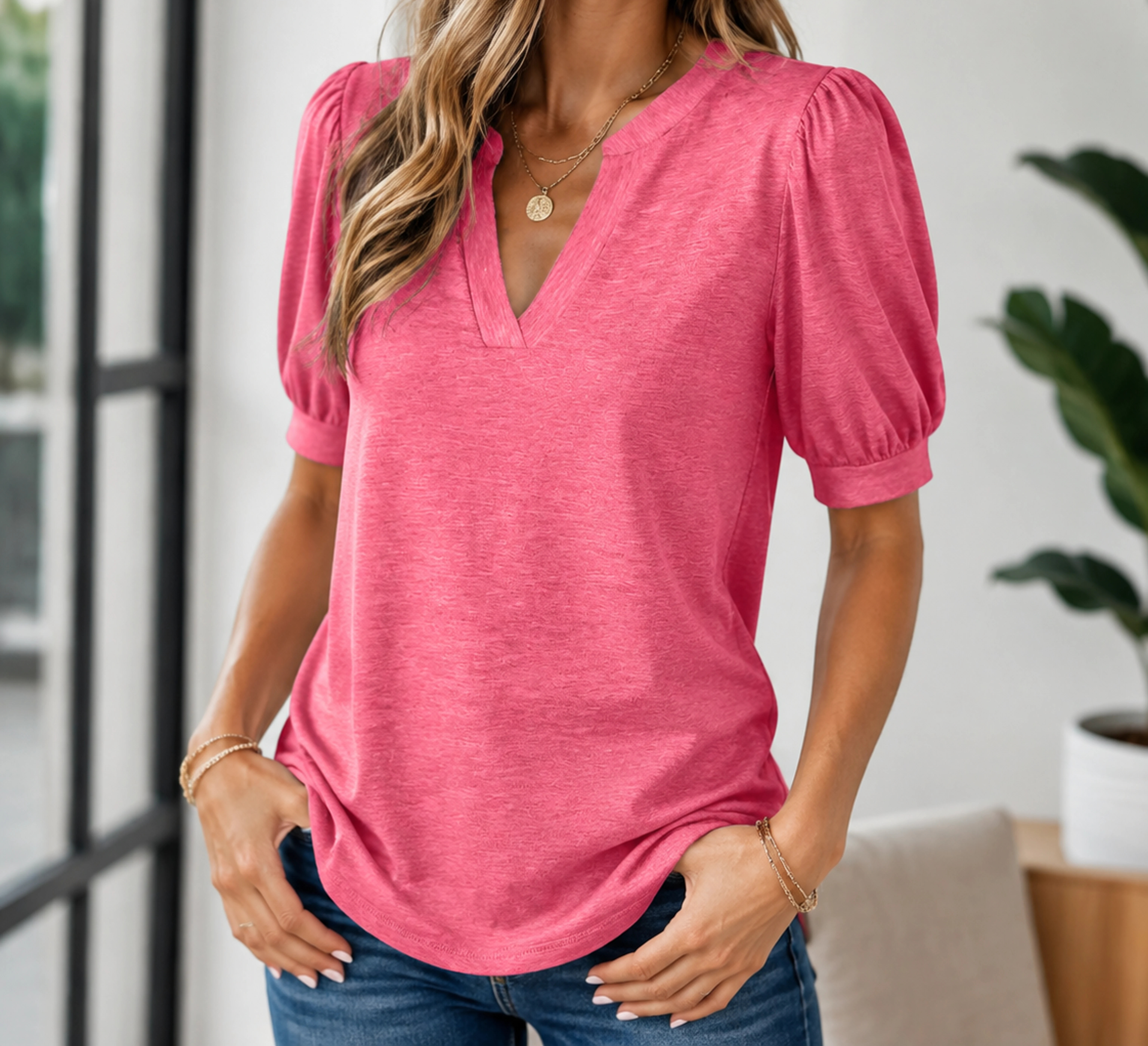 Hot Pink Mara V-neck puff-sleeve top on a model