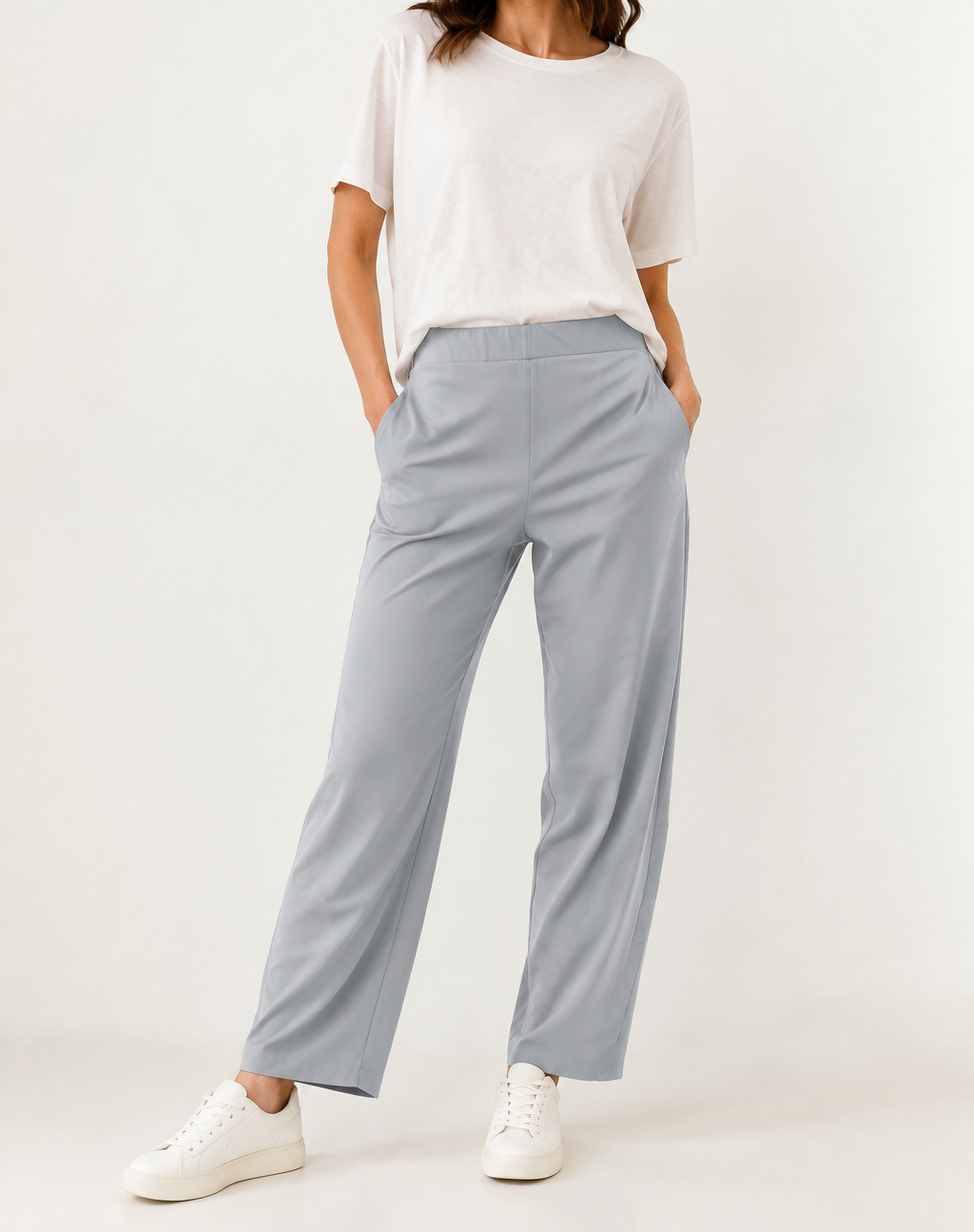 Light Gray Aria barrel-leg pants on a model