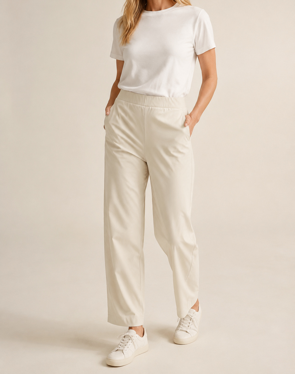 Ivory Aria barrel-leg pants on a model