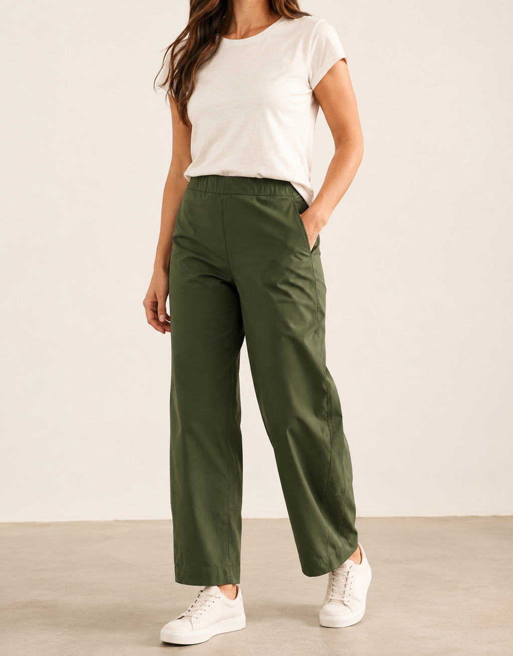 Olive Aria barrel-leg pants on a model