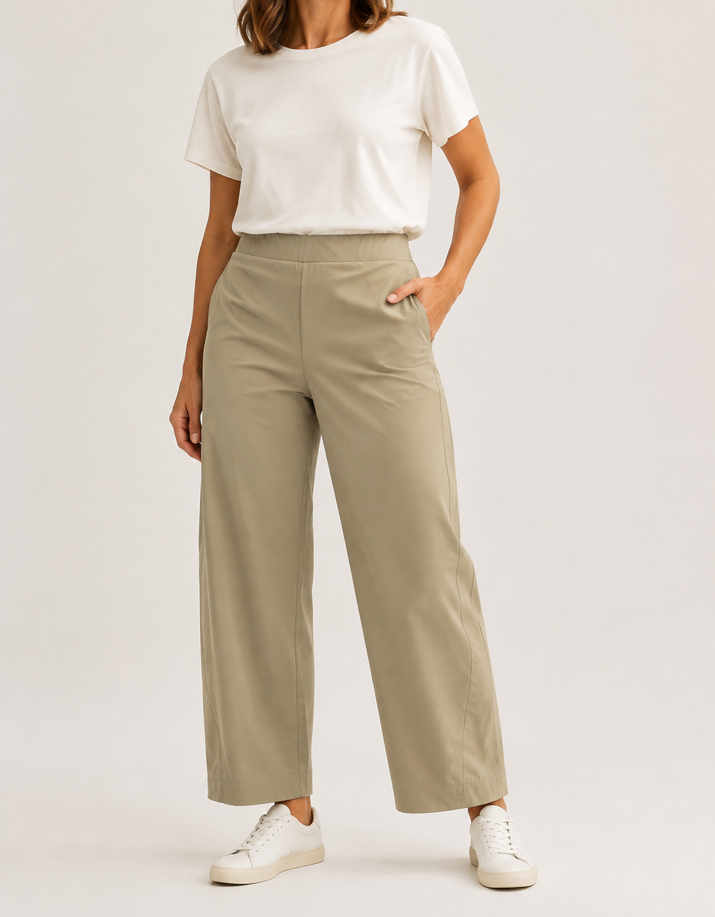 Khaki Aria barrel-leg pants on a model