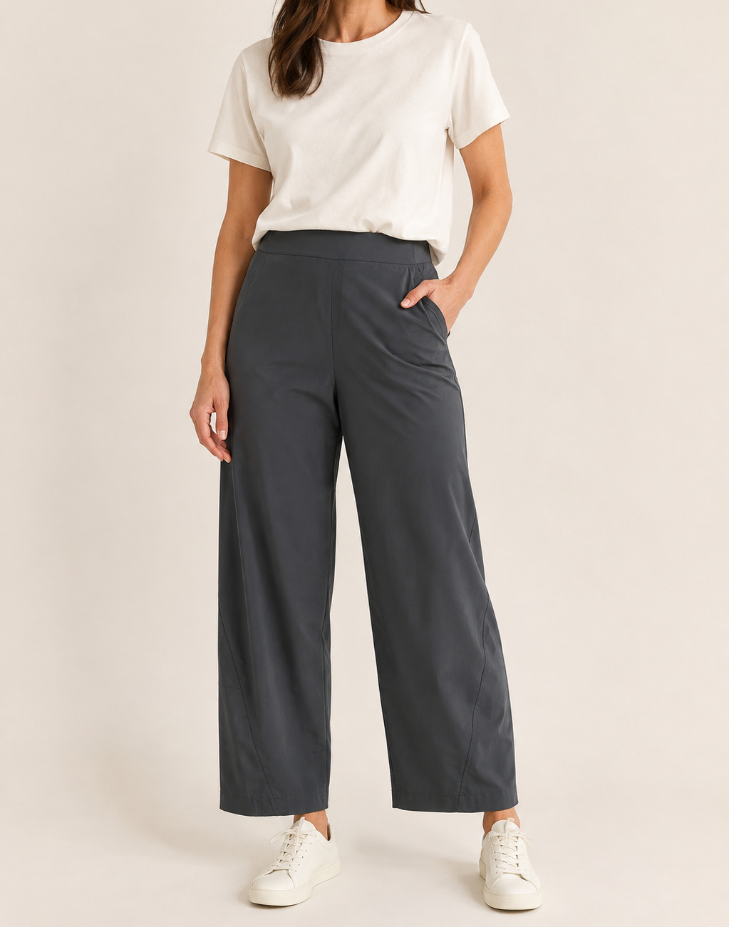Charcoal Aria barrel-leg pants on a model