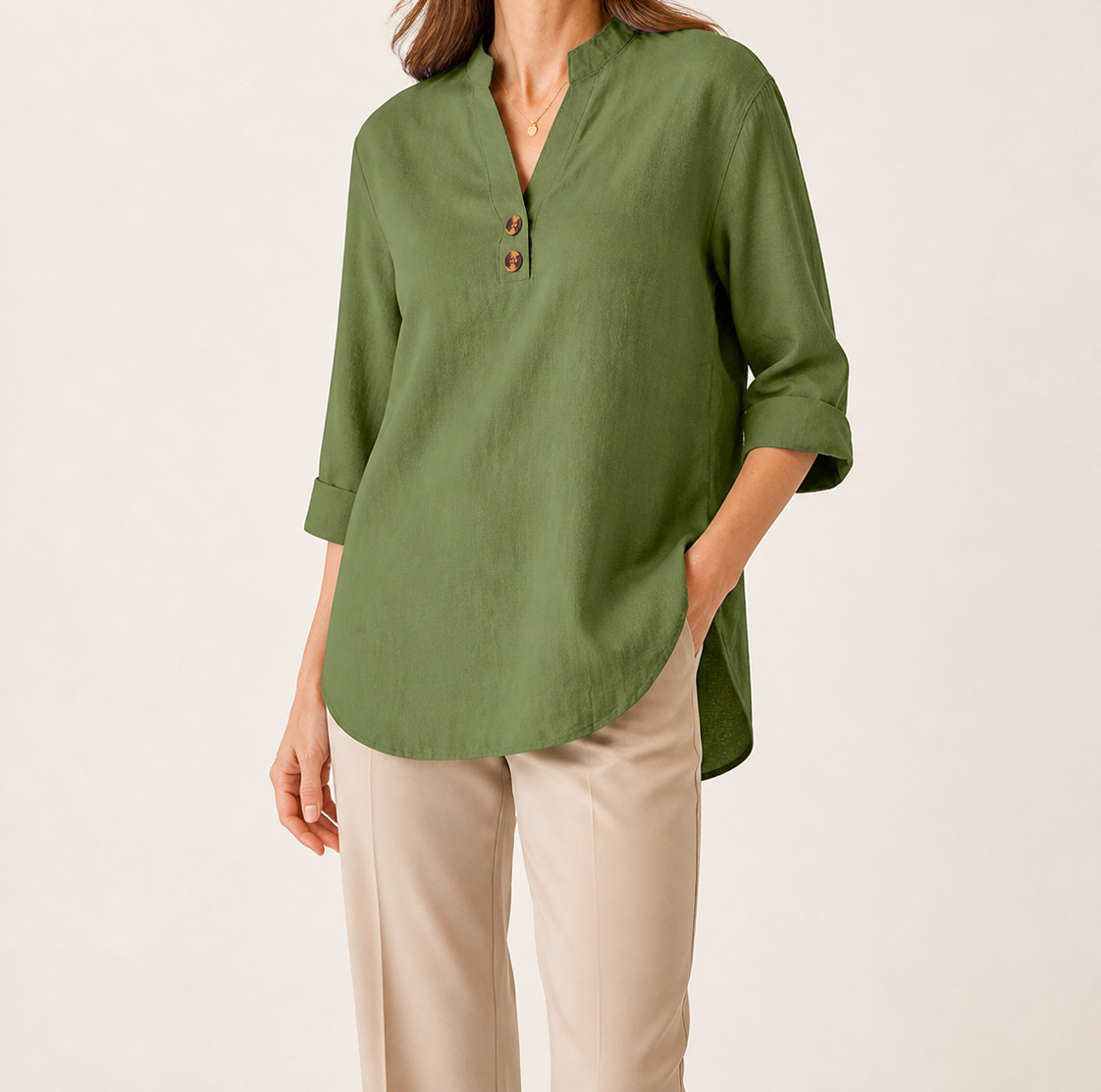 Army Green Elara stretch slub linen-blend tunic blouse on an American model