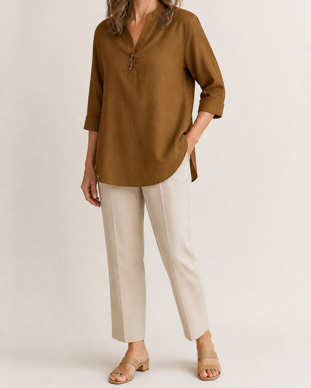 Coffee Elara stretch slub linen-blend tunic blouse on an American model
