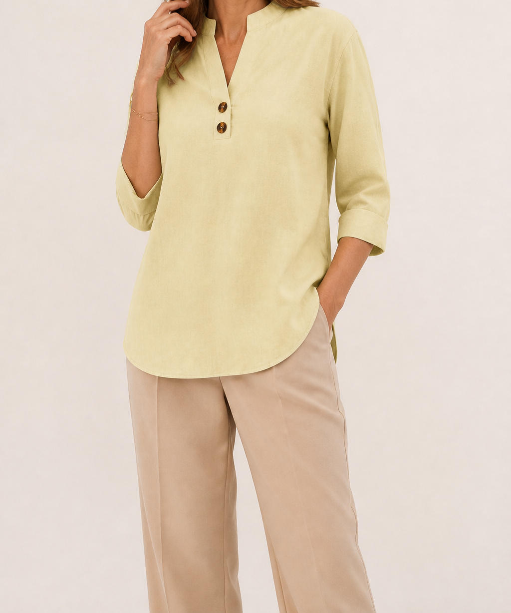 Light Yellow Elara stretch slub linen-blend tunic blouse on an American model