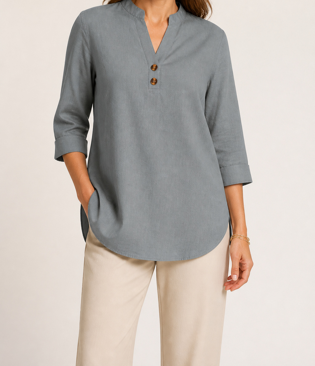 Gray Elara stretch slub linen-blend tunic blouse on an American model