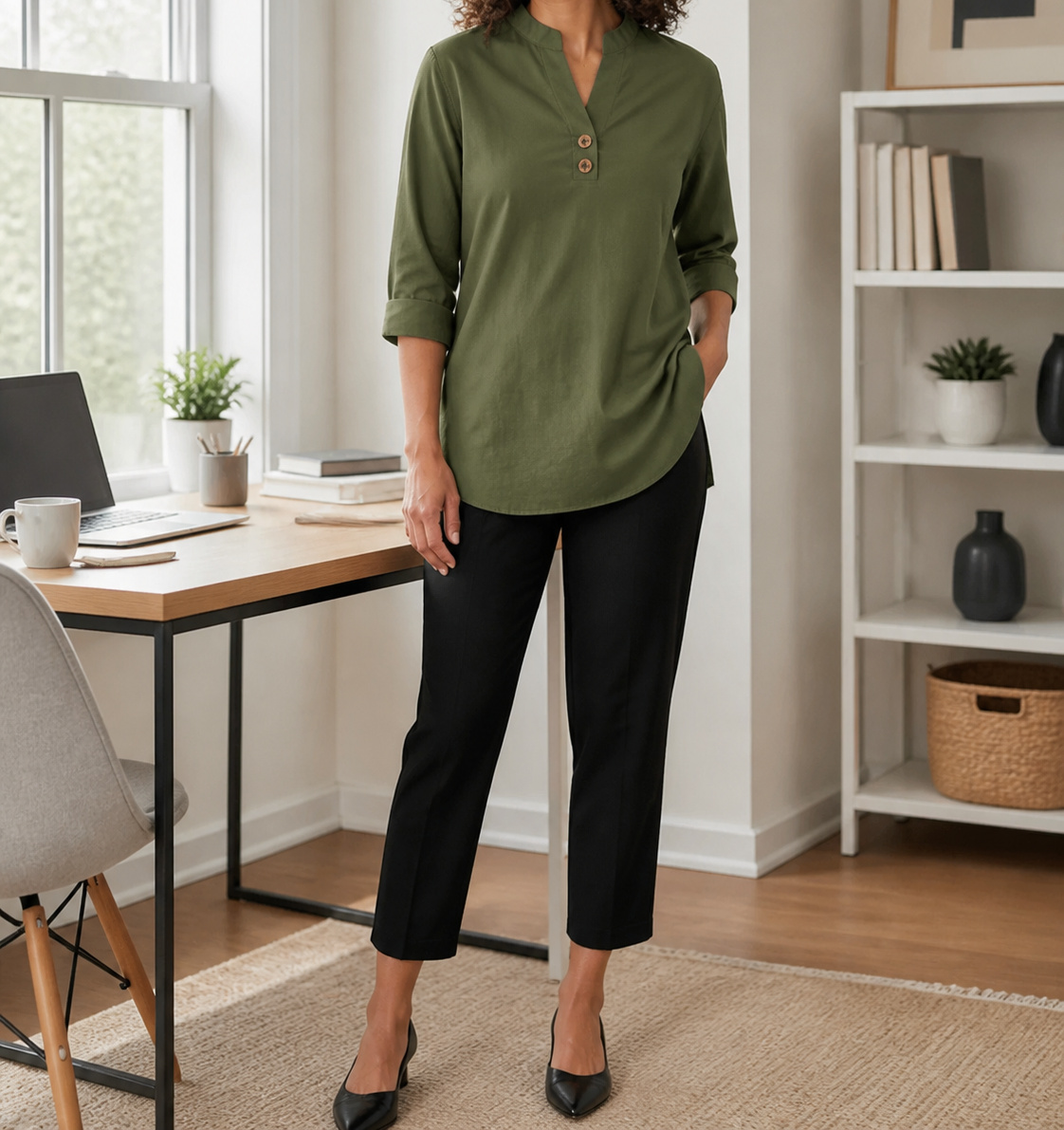 White Elara blouse on a coastal boardwalk