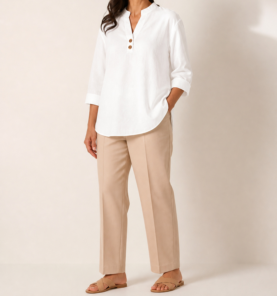 White Elara stretch slub linen-blend tunic blouse on an American model