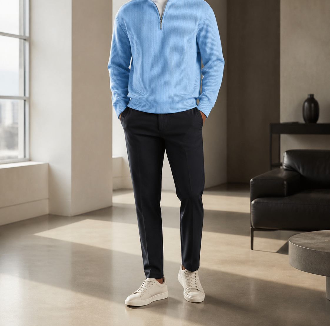 American male model wearing a light blue ribbed quarter-zip pullover