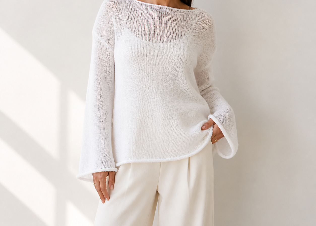 White women's airy sheer-knit boat-neck sweater