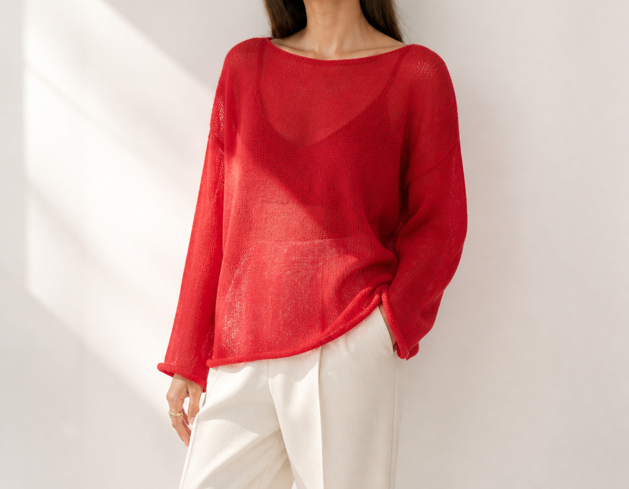Red women's airy sheer-knit boat-neck sweater