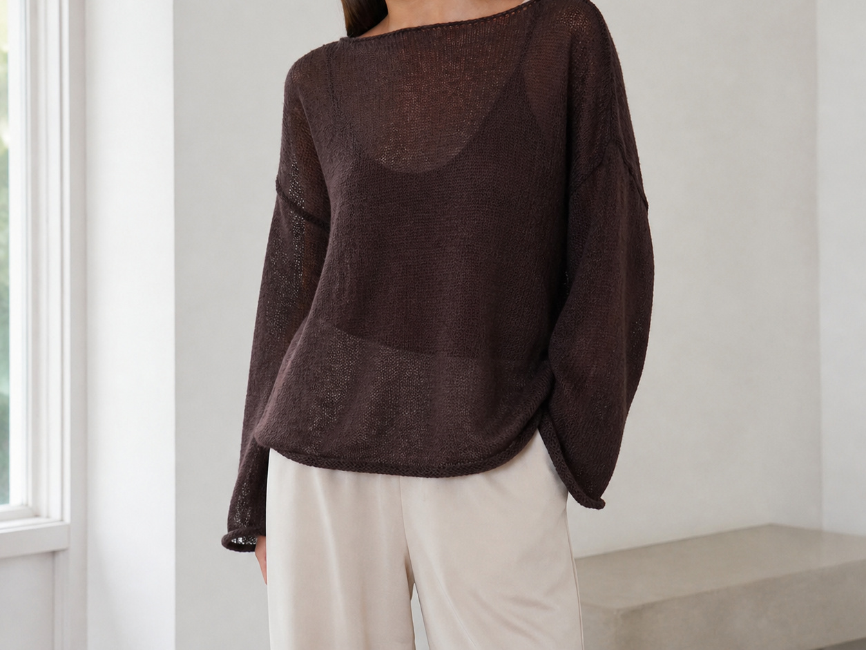 Dark Brown women's airy sheer-knit boat-neck sweater