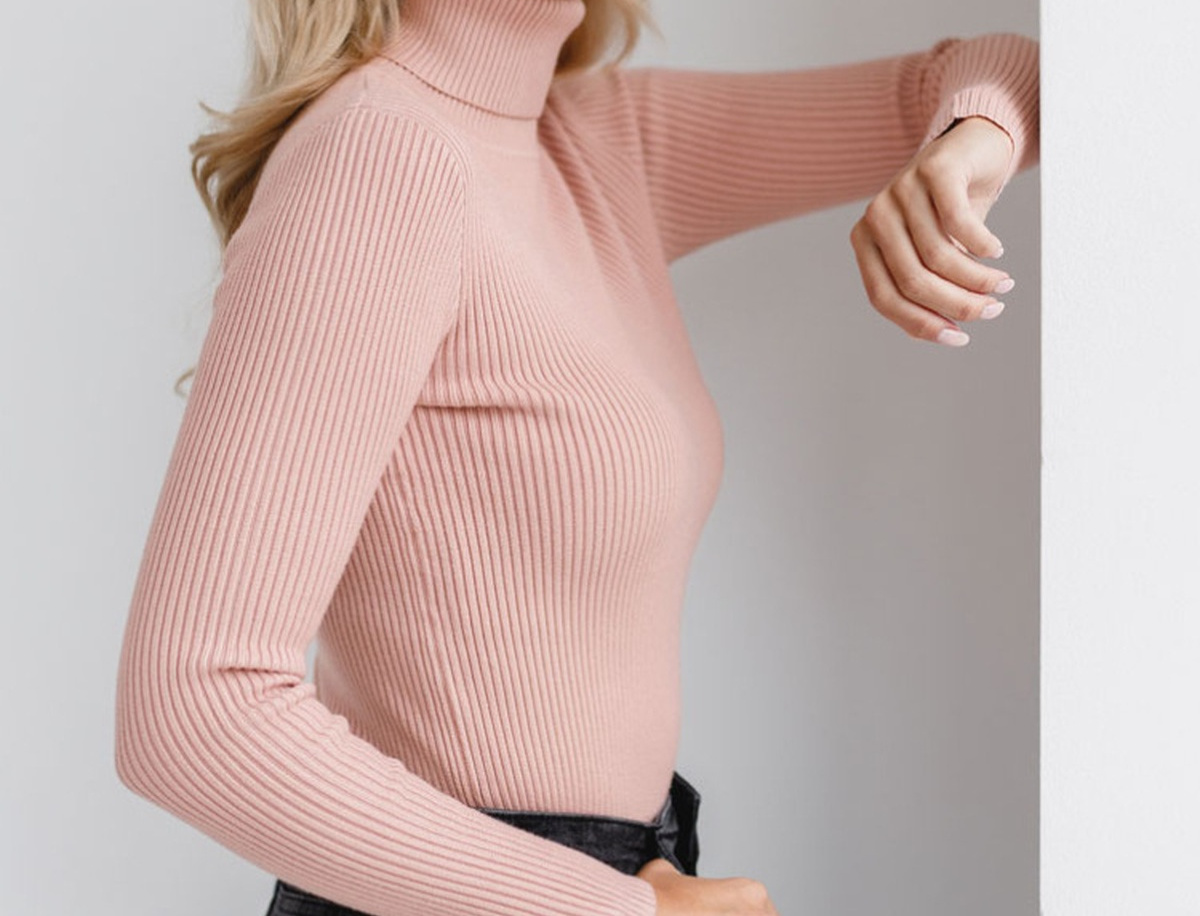 Blush Pink women's slim-fit ribbed mock-neck sweater
