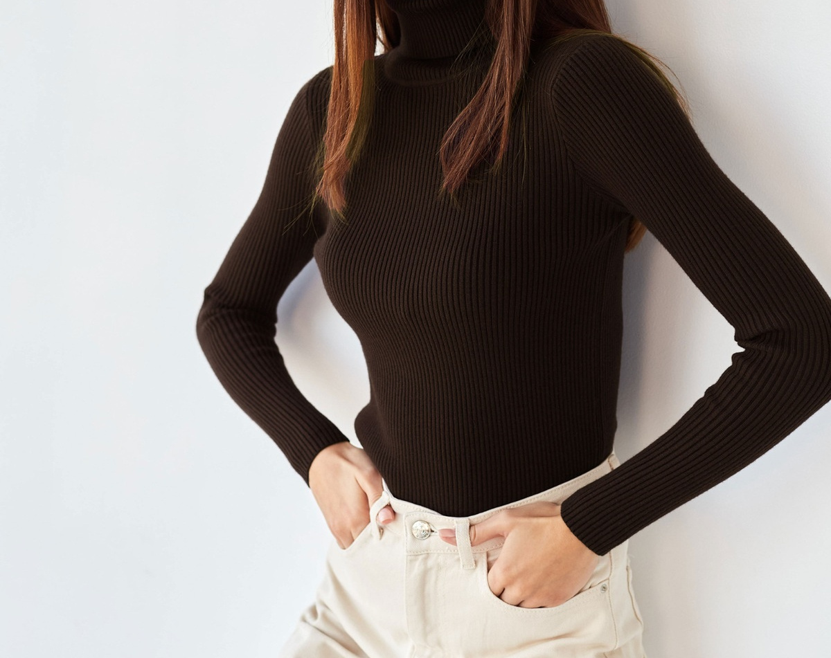 Dark Brown women's slim-fit ribbed mock-neck sweater