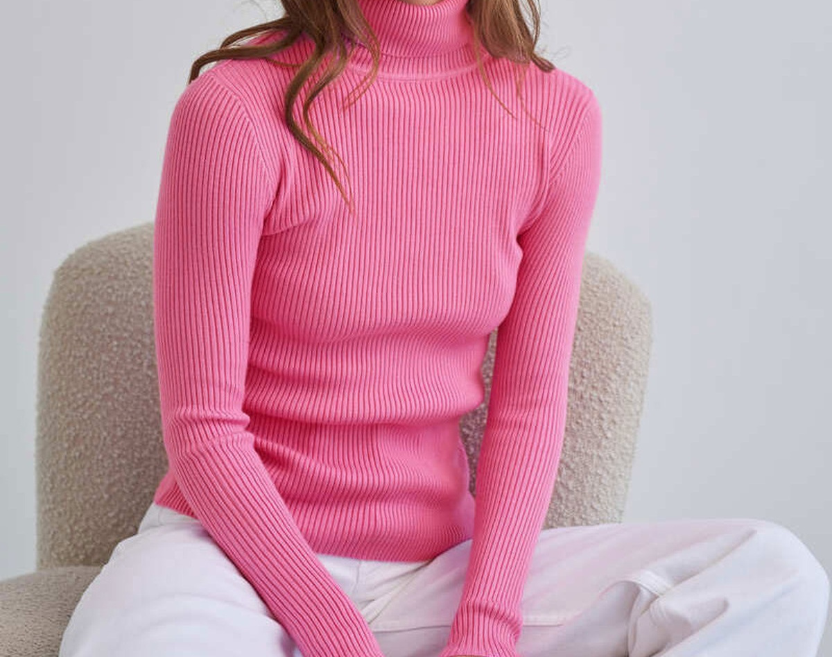 Hot Pink women's slim-fit ribbed mock-neck sweater