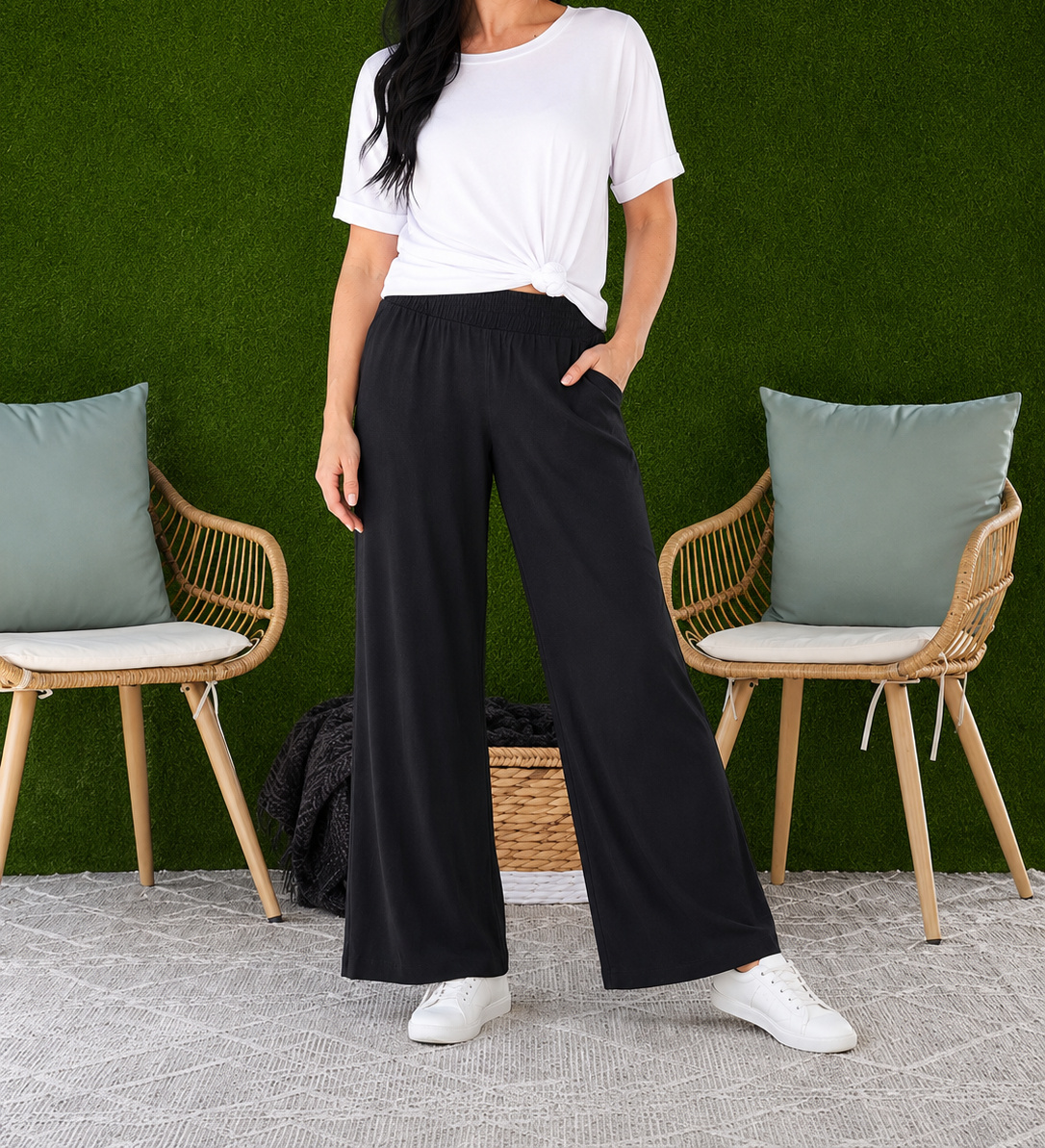 Women's Relaxed Wide Leg Resort Pants – Lightweight Pull-On Pants with Pockets