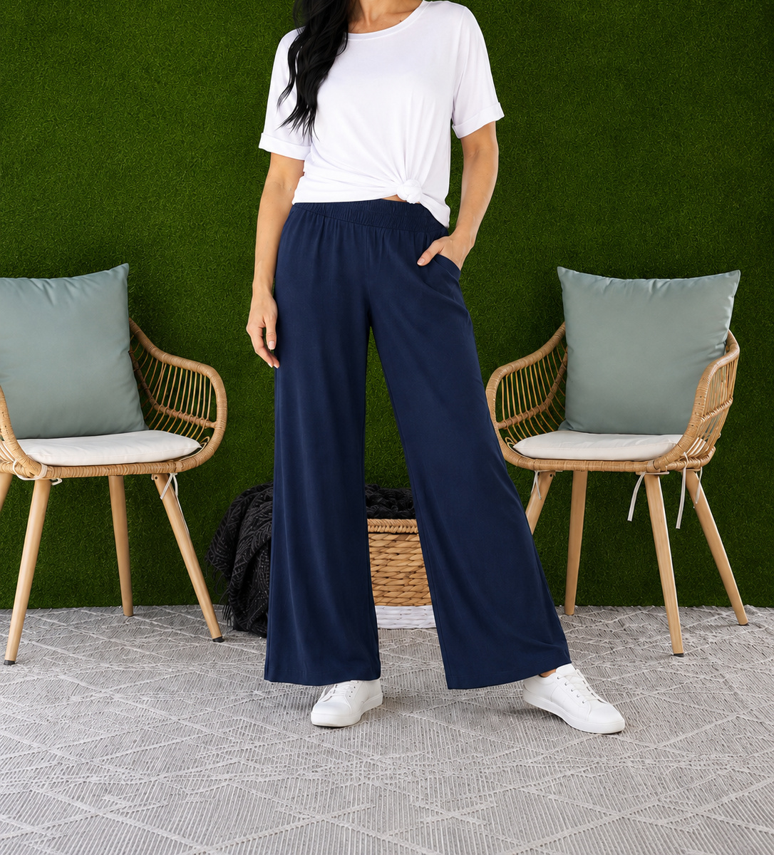 Women's Relaxed Wide Leg Resort Pants – Lightweight Pull-On Pants with Pockets