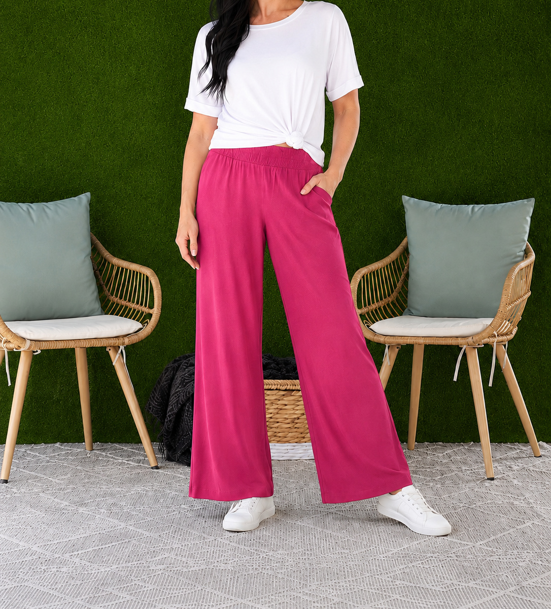 Women's Relaxed Wide Leg Resort Pants – Lightweight Pull-On Pants with Pockets