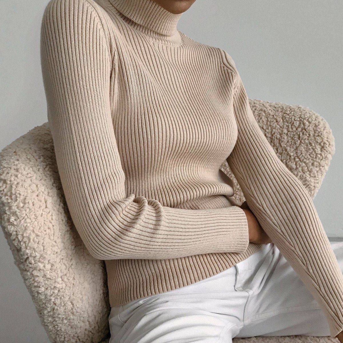 Oatmeal women's slim-fit ribbed mock-neck sweater