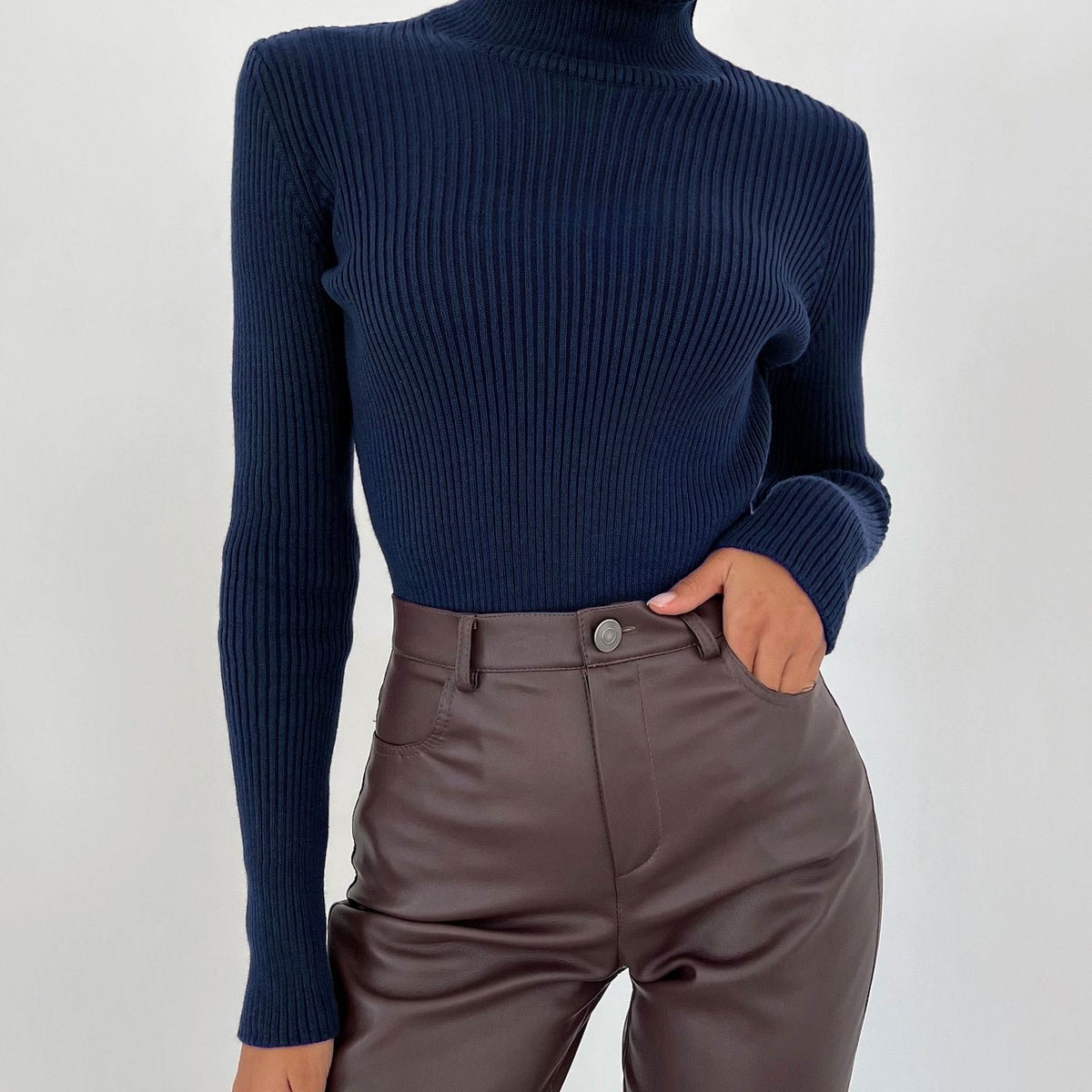 Navy women's slim-fit ribbed mock-neck sweater