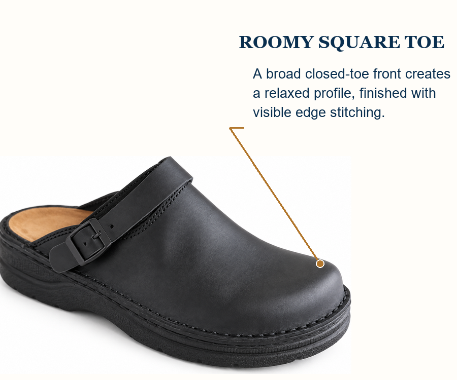 Roomy square-toe feature and edge stitching description