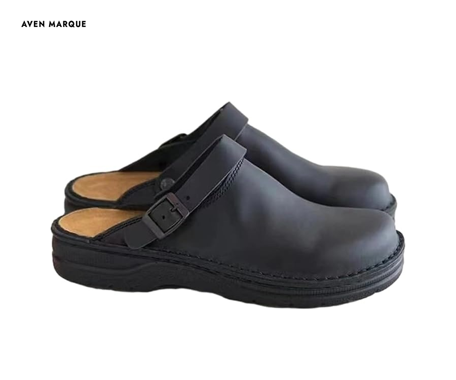 Black men's square-toe buckle clogs