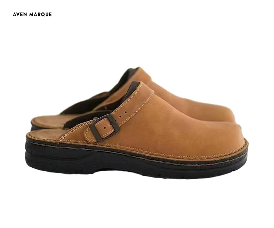 Khaki men's square-toe buckle clogs