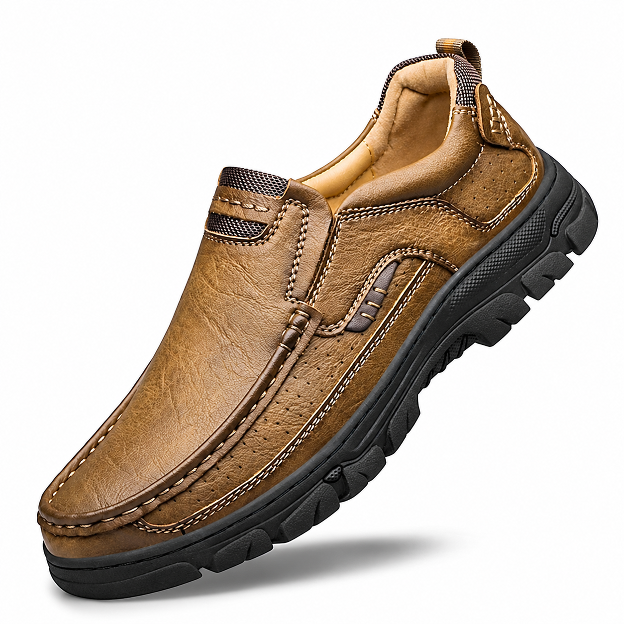 Khaki Men's Leather Slip-On Walking Loafers