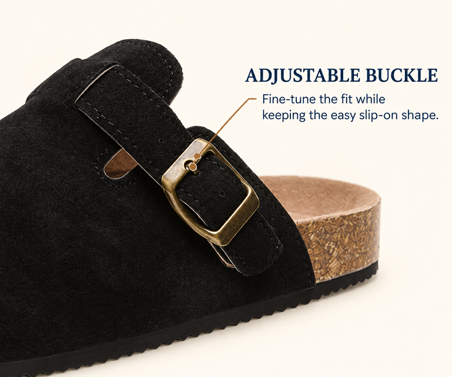 Close-up of adjustable buckle on black clog