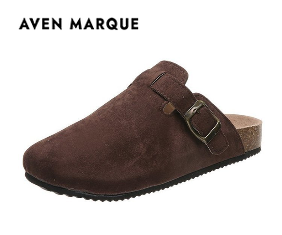 Brown suede-look buckle clog