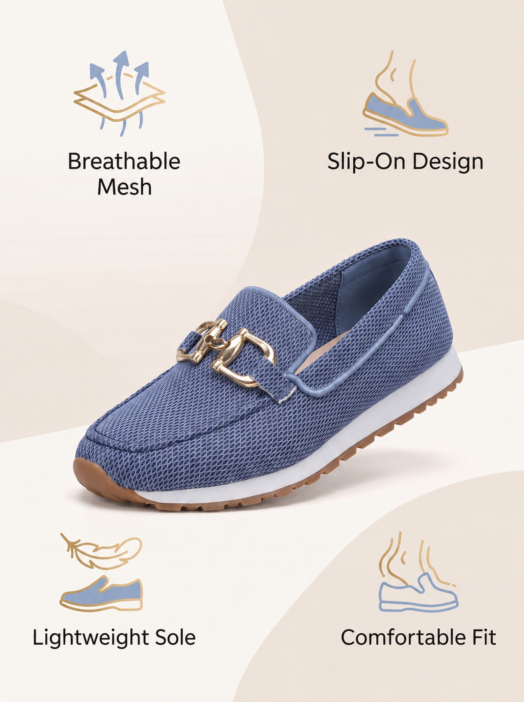 Navy blue mesh loafer feature overview