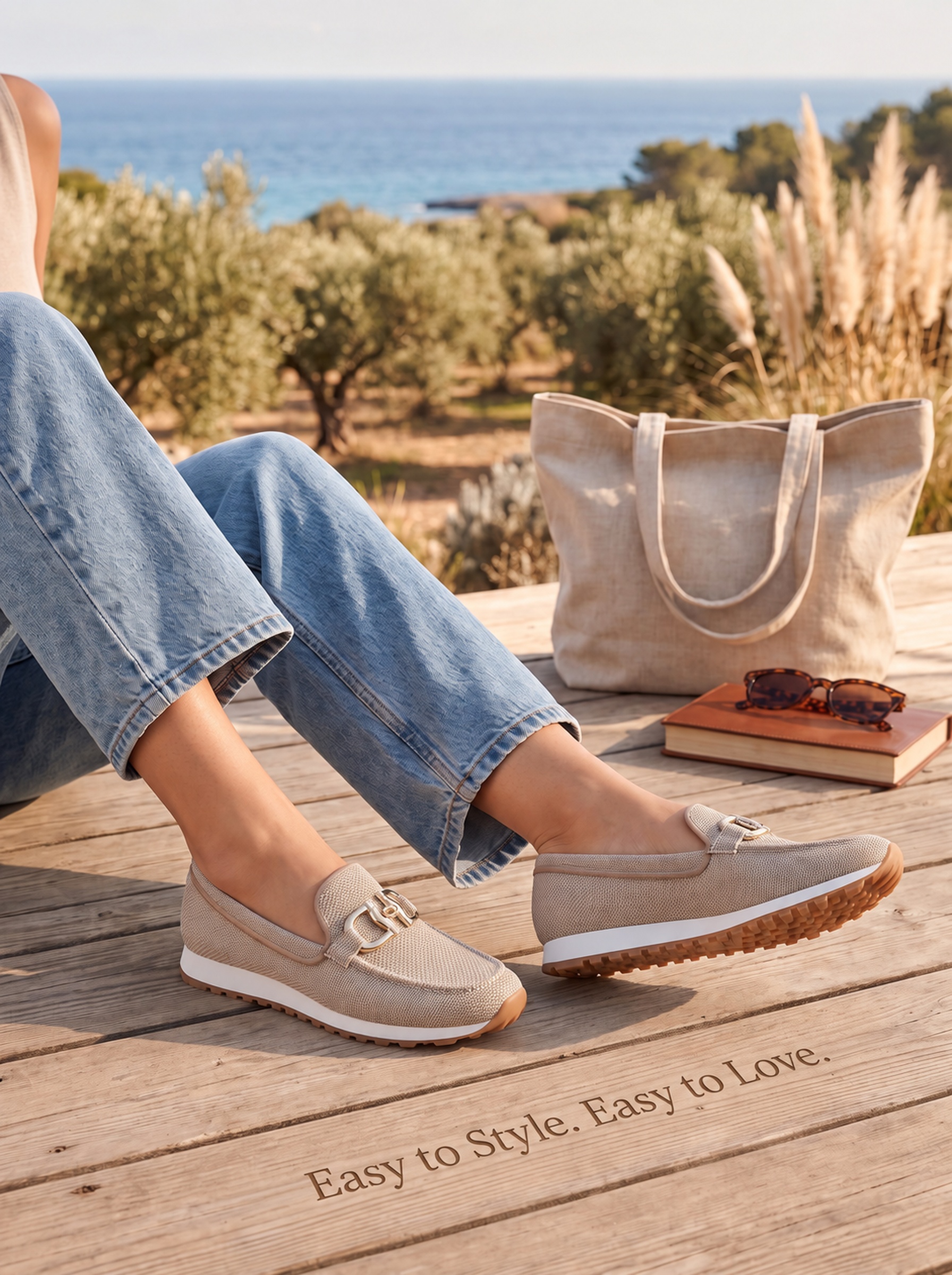 Woman styling sand beige loafers with jeans