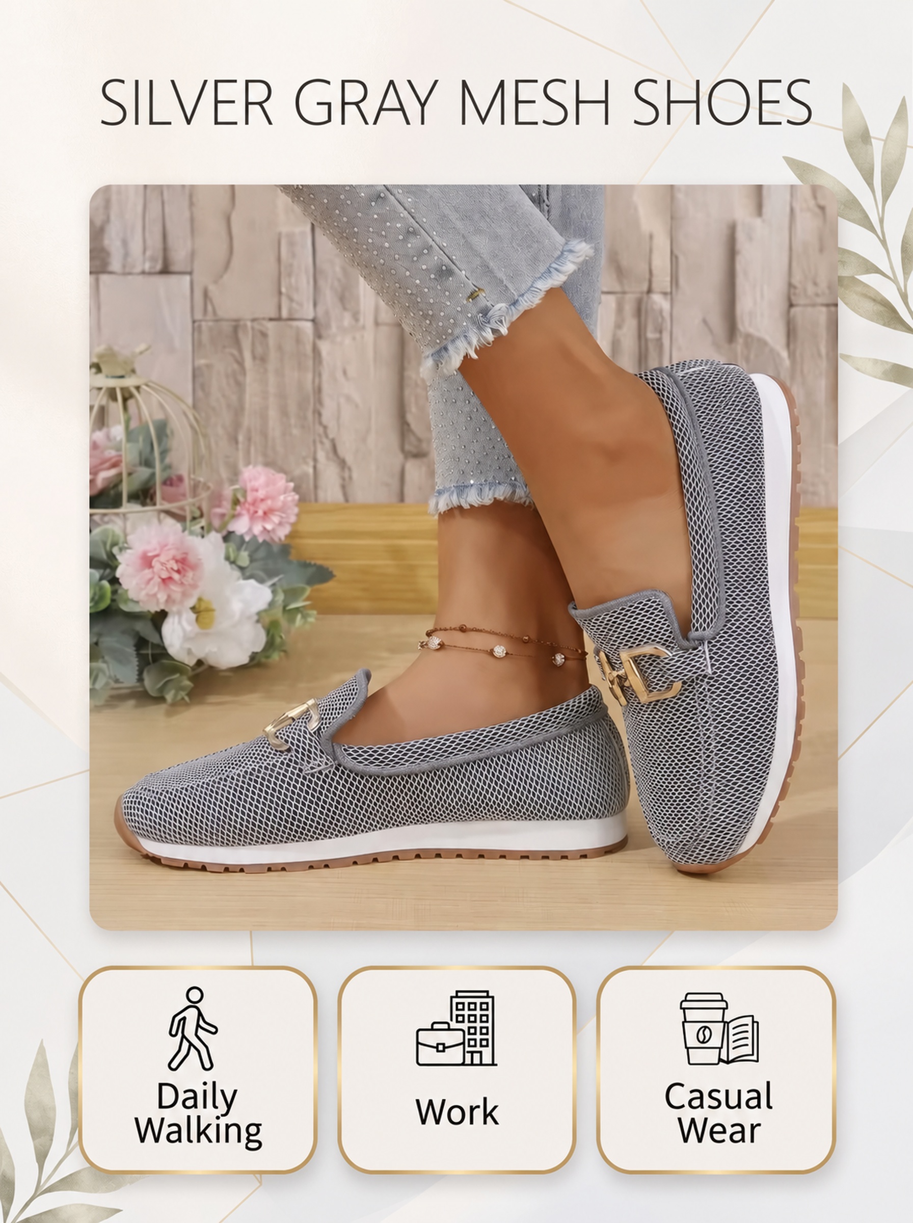 Silver gray mesh loafer feature overview