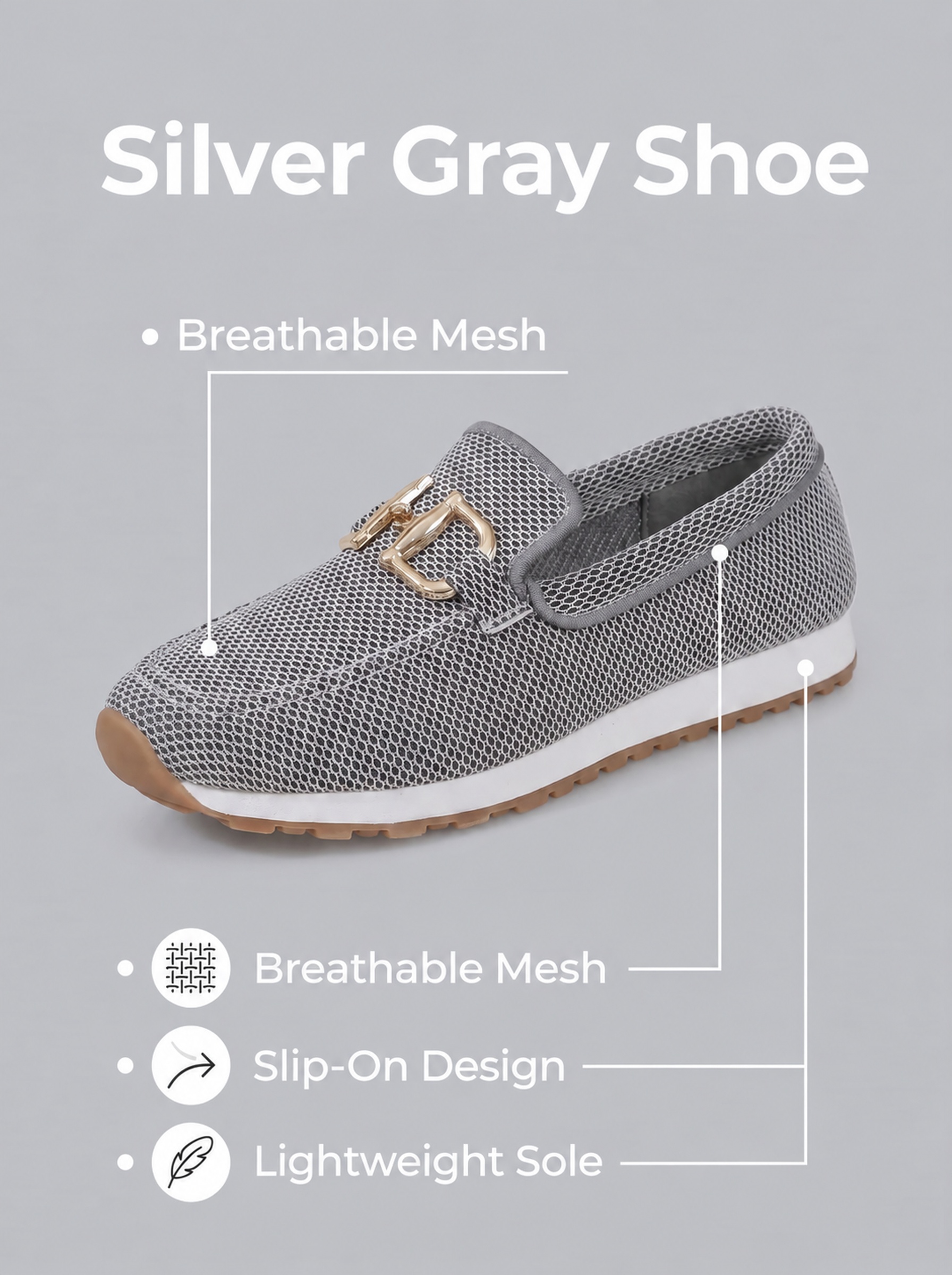 Silver gray slip-on comfort loafer details