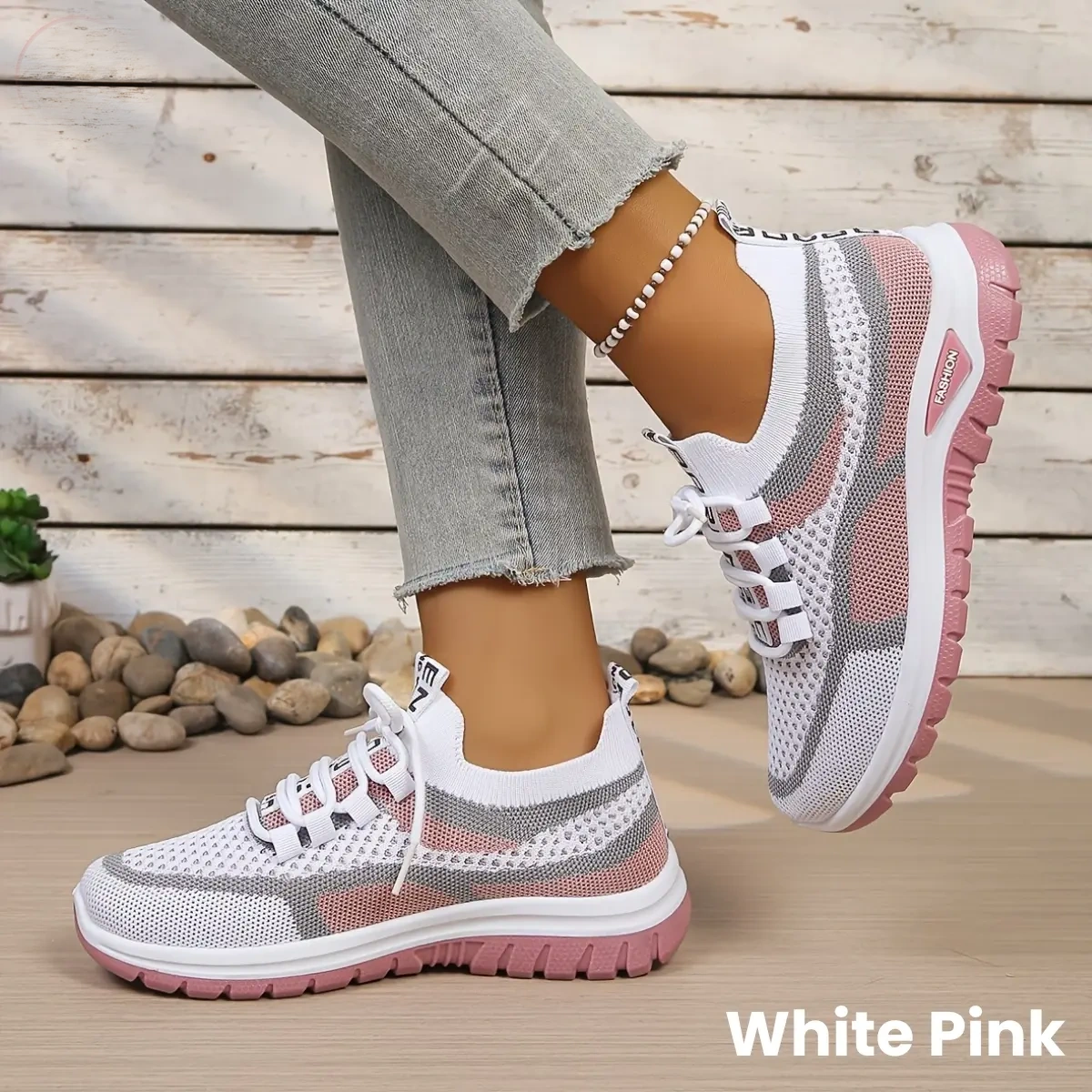 Women's no-tie walking sneakers in White Pink