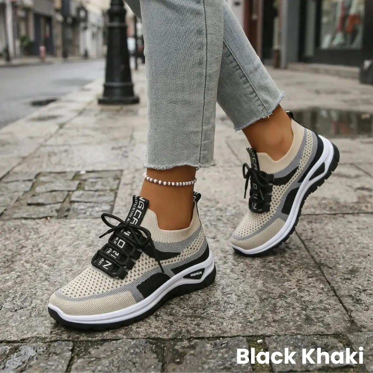 Women's no-tie walking sneakers in Black Khaki