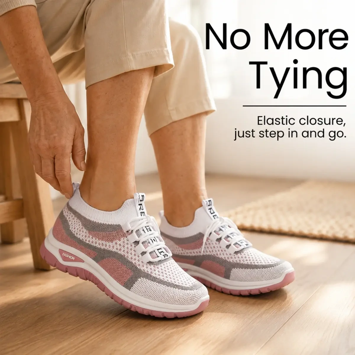 Elastic no-tie closure for easy step-in wear