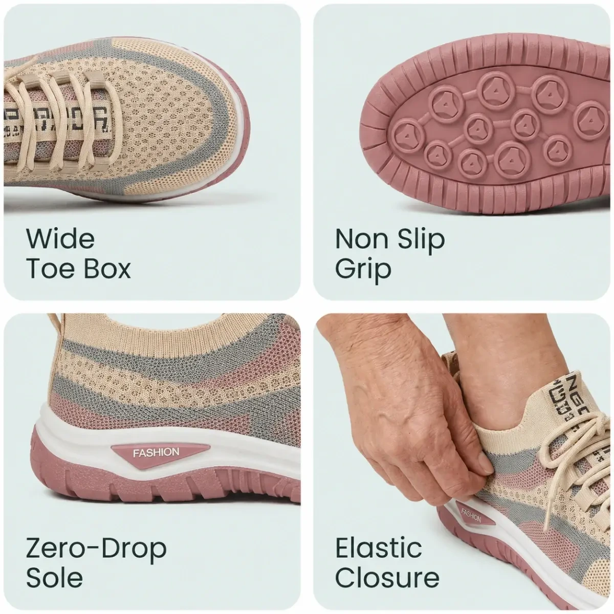 Wide toe box, textured grip, flexible sole and elastic closure details