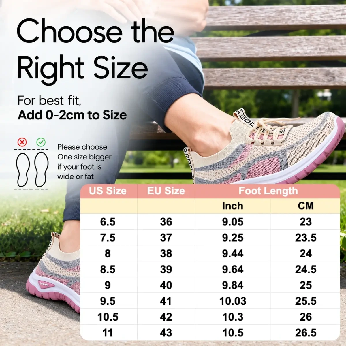 Women's walking sneaker size and foot-length guide