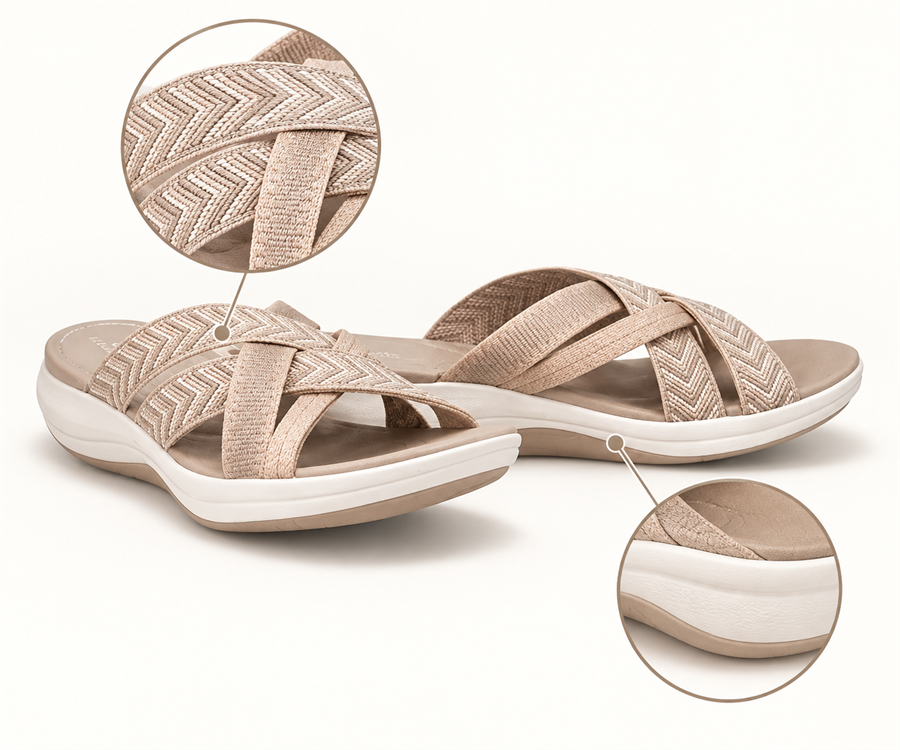 Women's Cross-Strap Comfort Slide Sandals &mdash; illustrated shoe shape and construction details