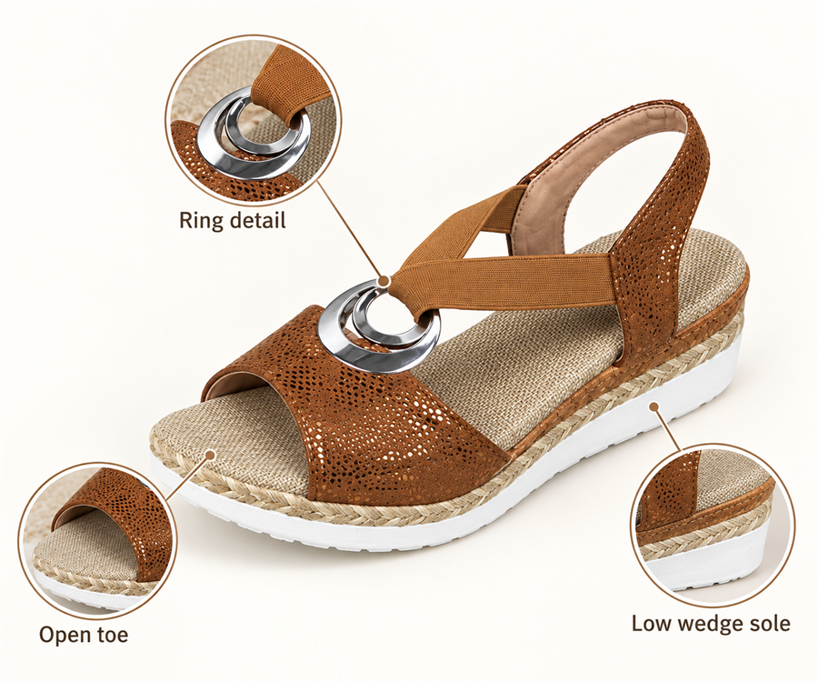Women's Ring-Detail Open-Toe Wedge Sandals &mdash; illustrated shoe shape and construction details