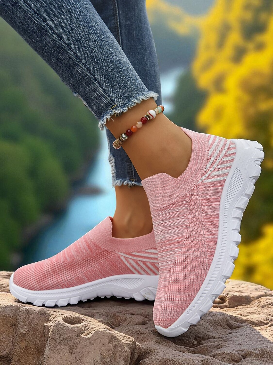 Women's Lightweight Knit Slip-On Walking Sneakers — Pink on-foot side view