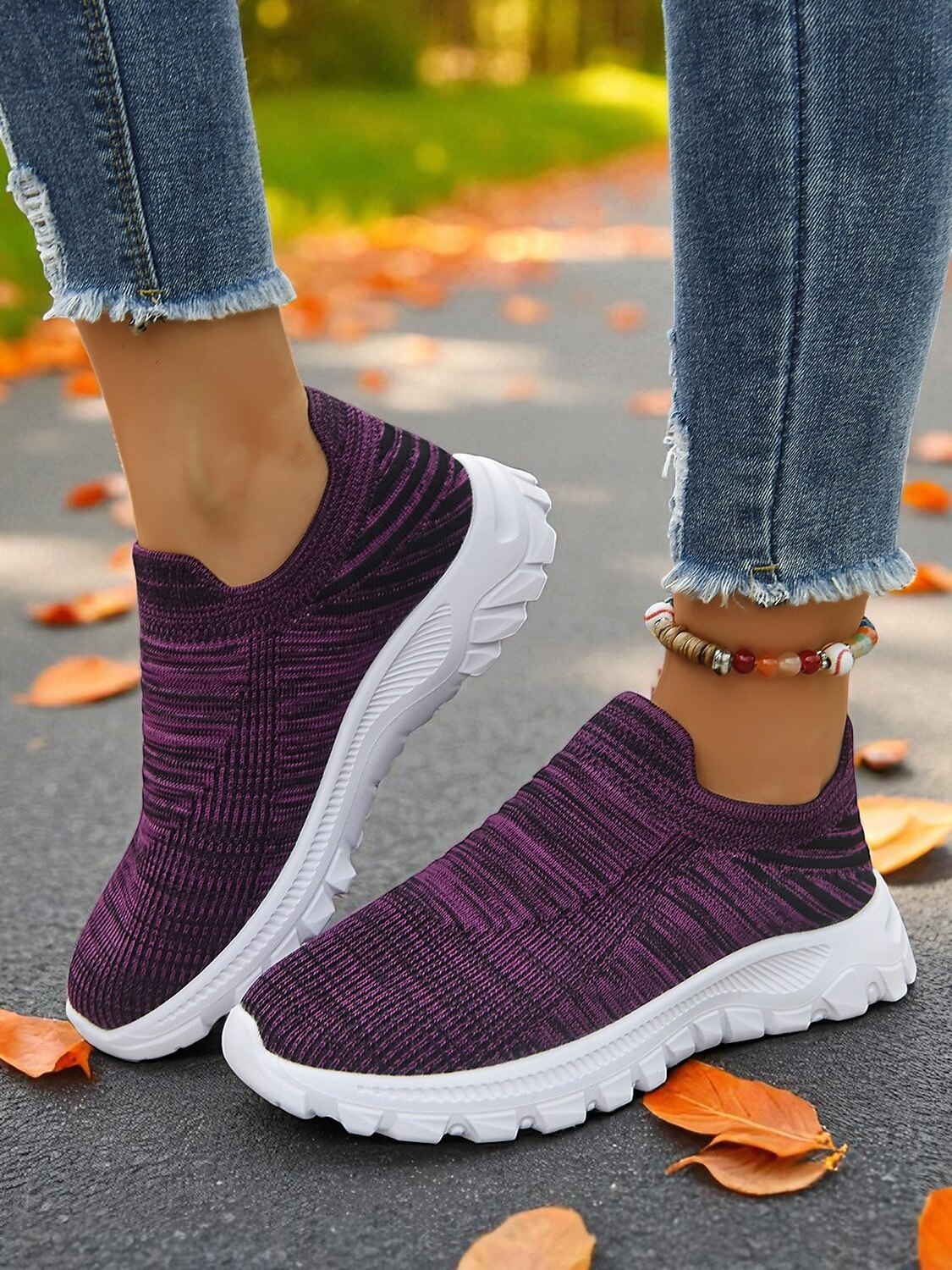 Women's Lightweight Knit Slip-On Walking Sneakers — Dark Purple on-foot side view