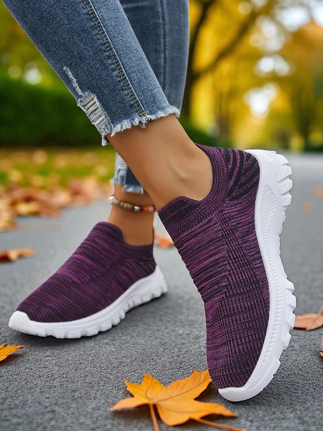 Women's Lightweight Knit Slip-On Walking Sneakers — Dark Purple pair on foot